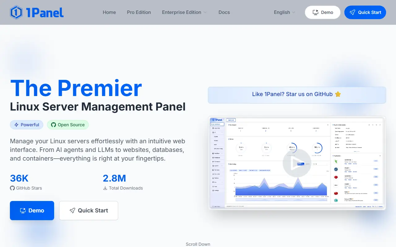1Panel homepage screenshot