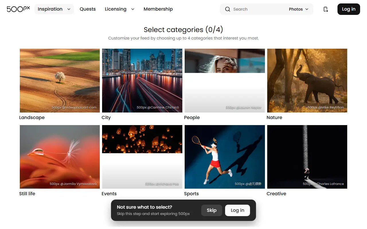 500px homepage screenshot