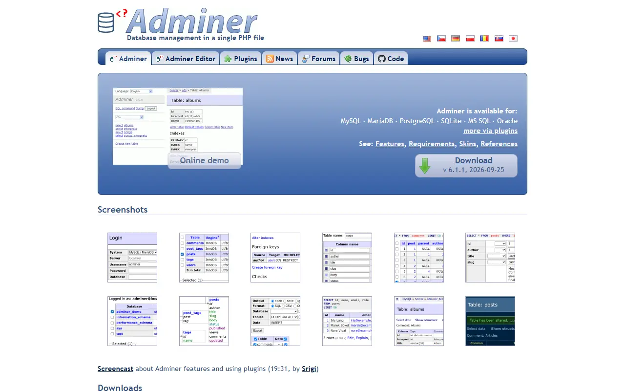 Adminer homepage screenshot