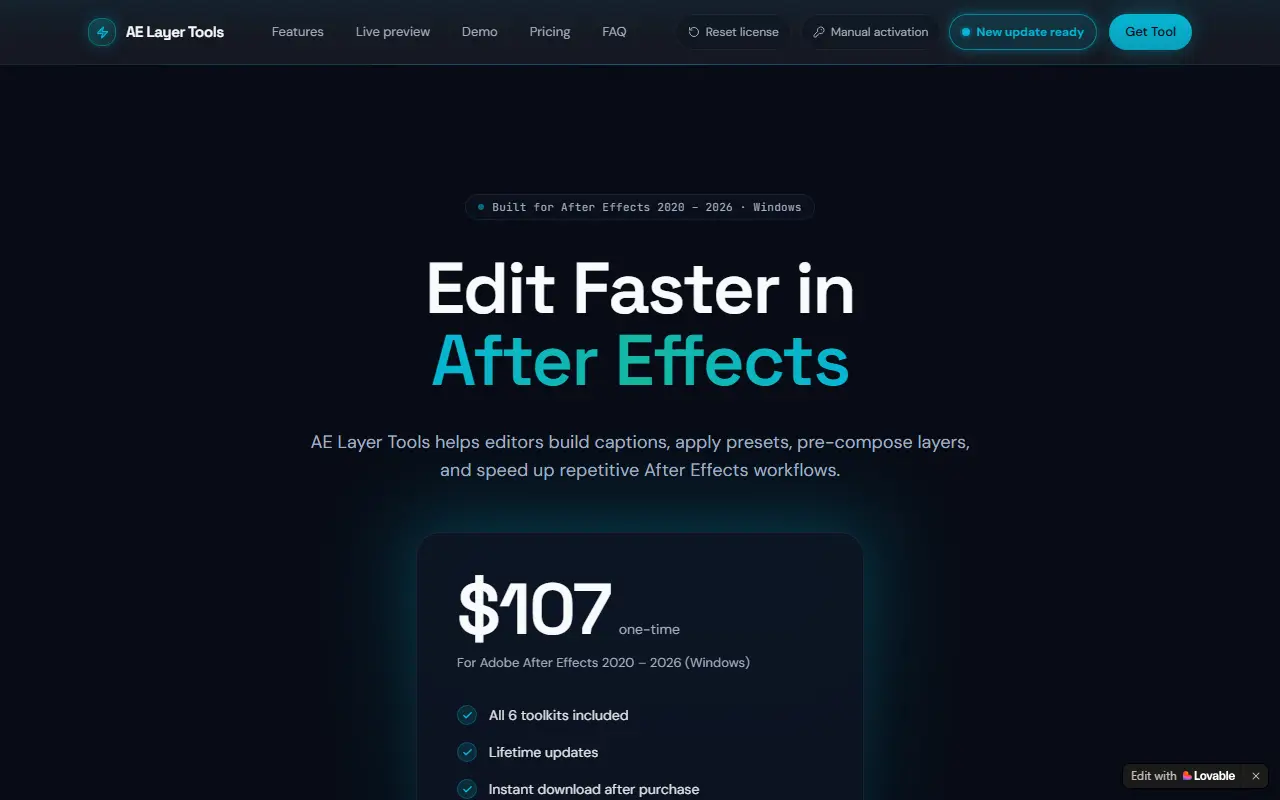 AE Layer Tool homepage screenshot