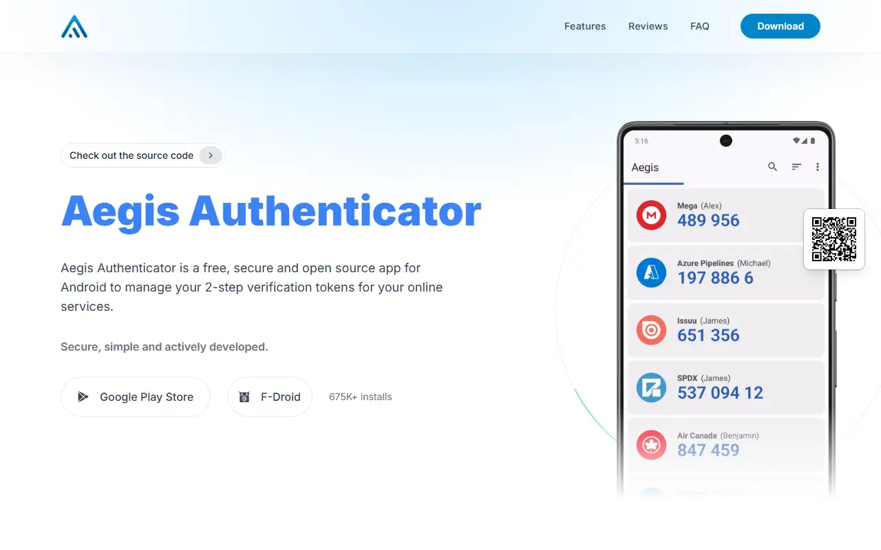 Aegis Authenticator homepage screenshot