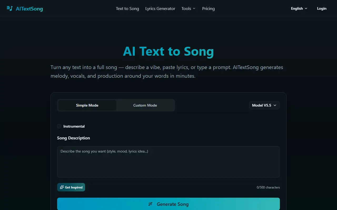 AI Text Song homepage screenshot