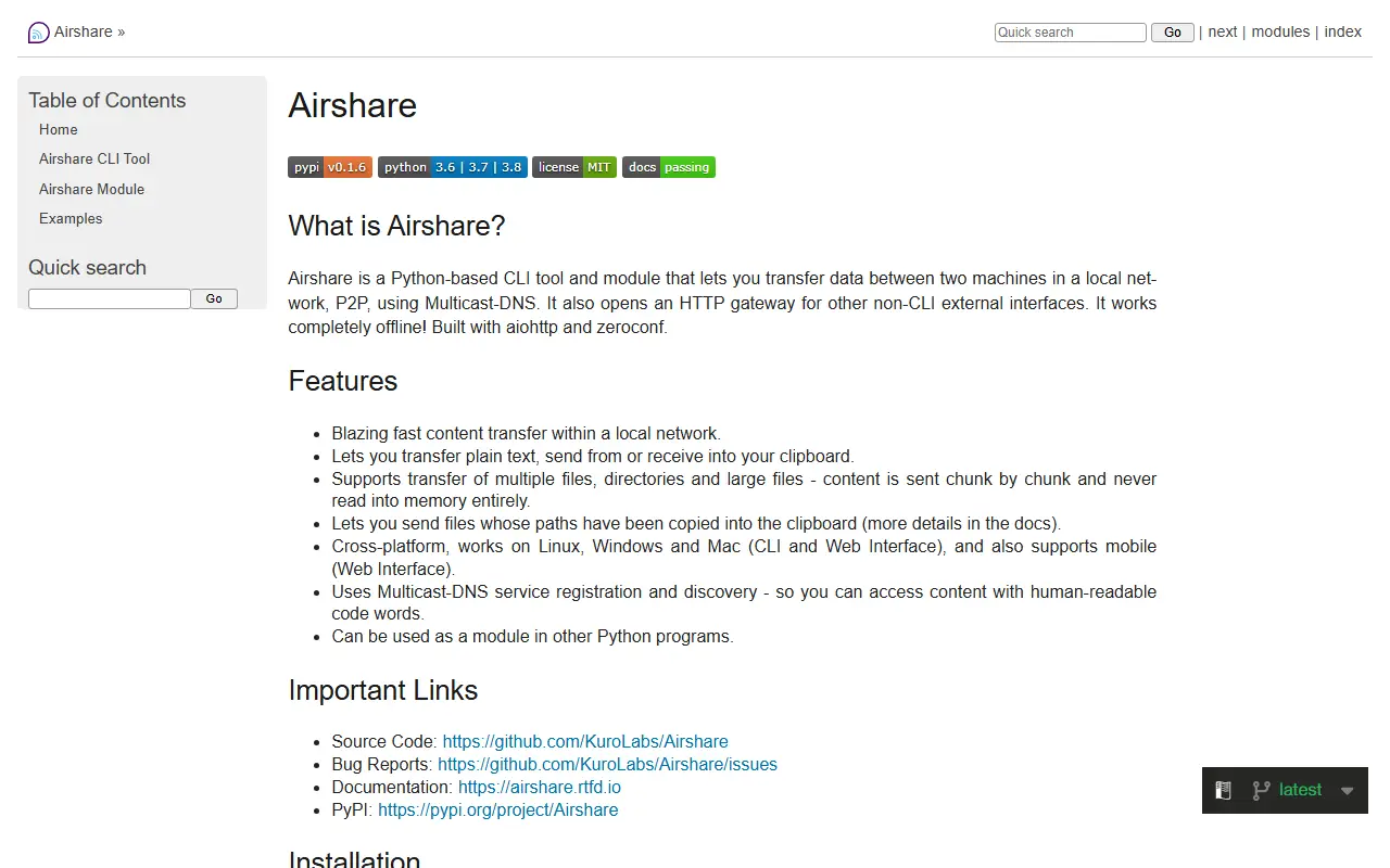Airshare homepage screenshot