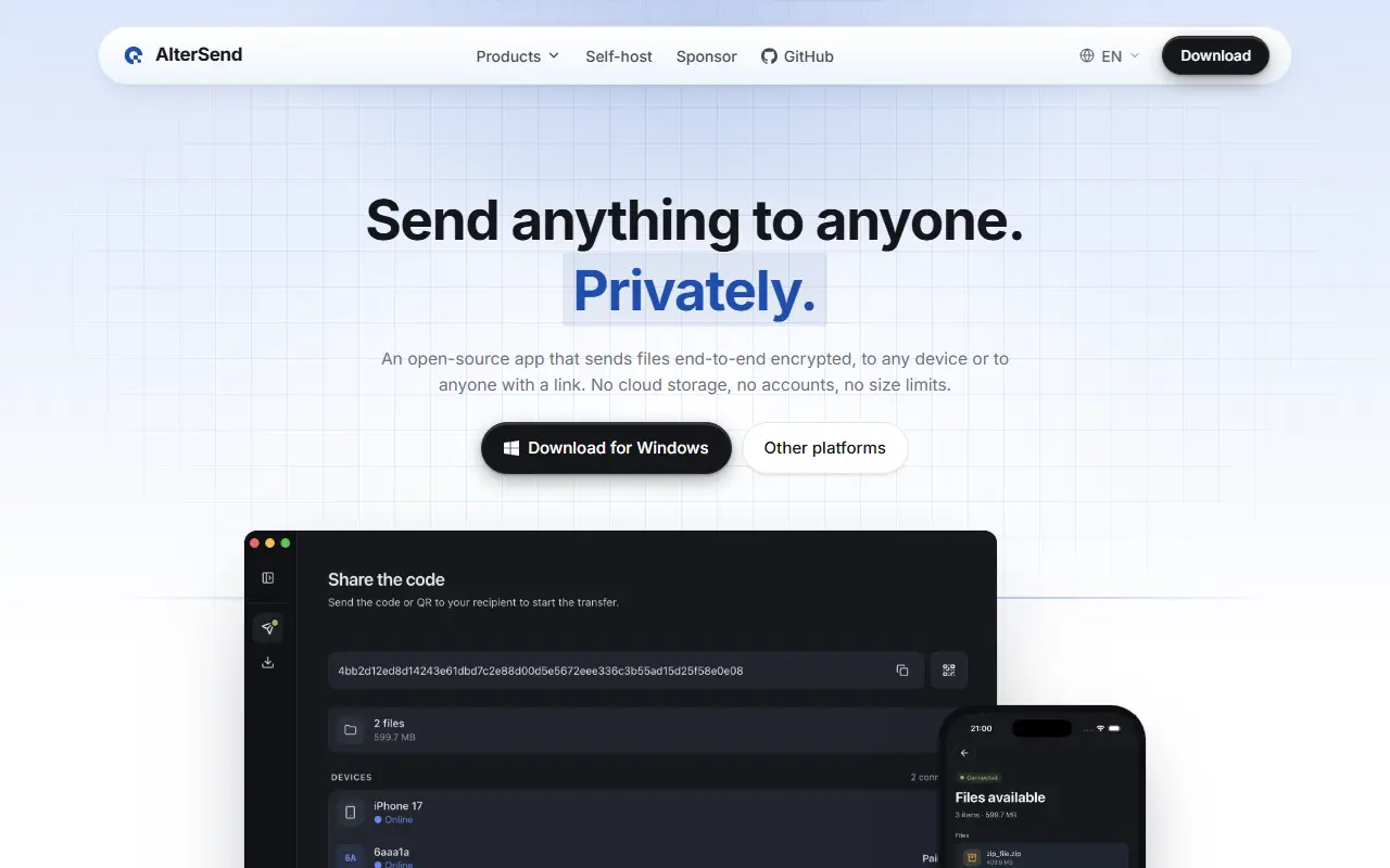 AlterSend homepage screenshot
