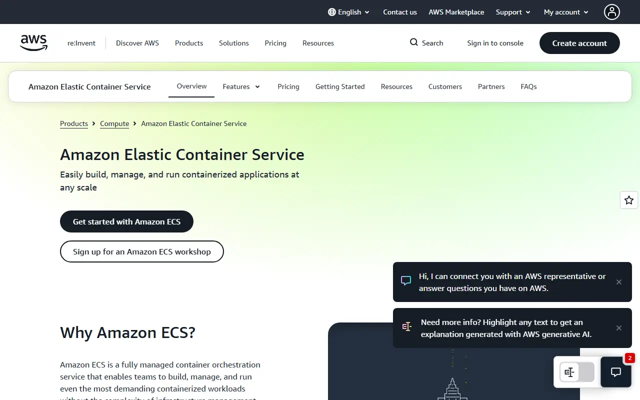 Amazon ECS homepage screenshot