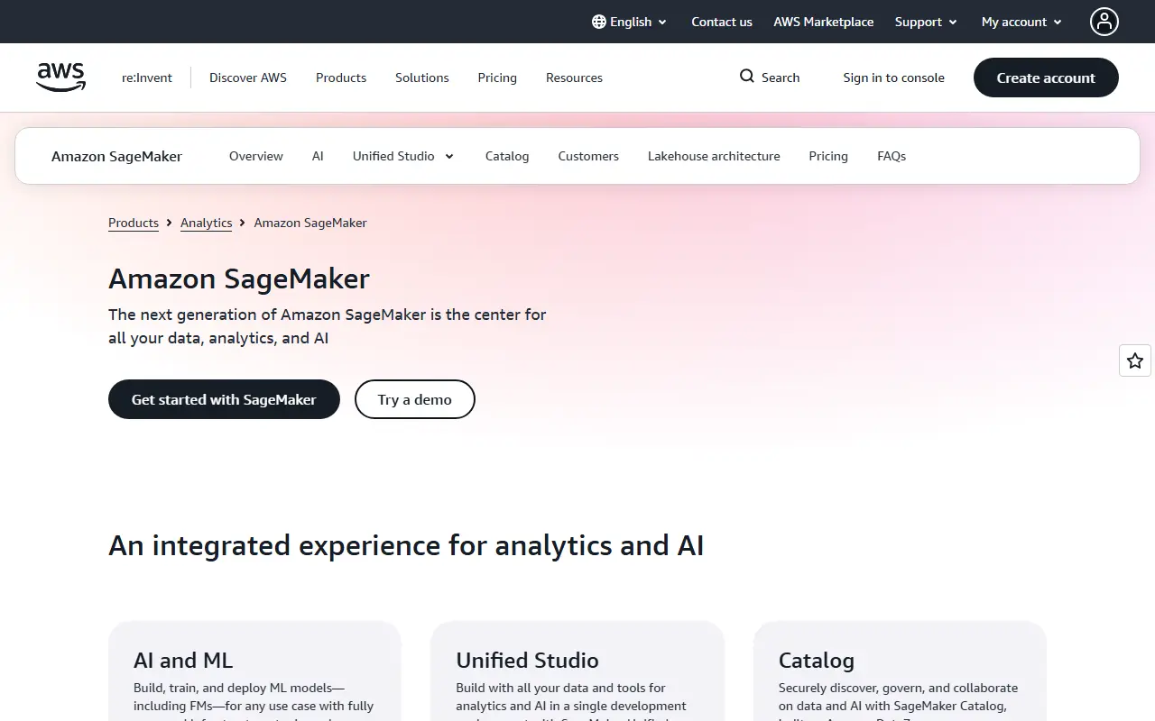 Amazon SageMaker homepage screenshot
