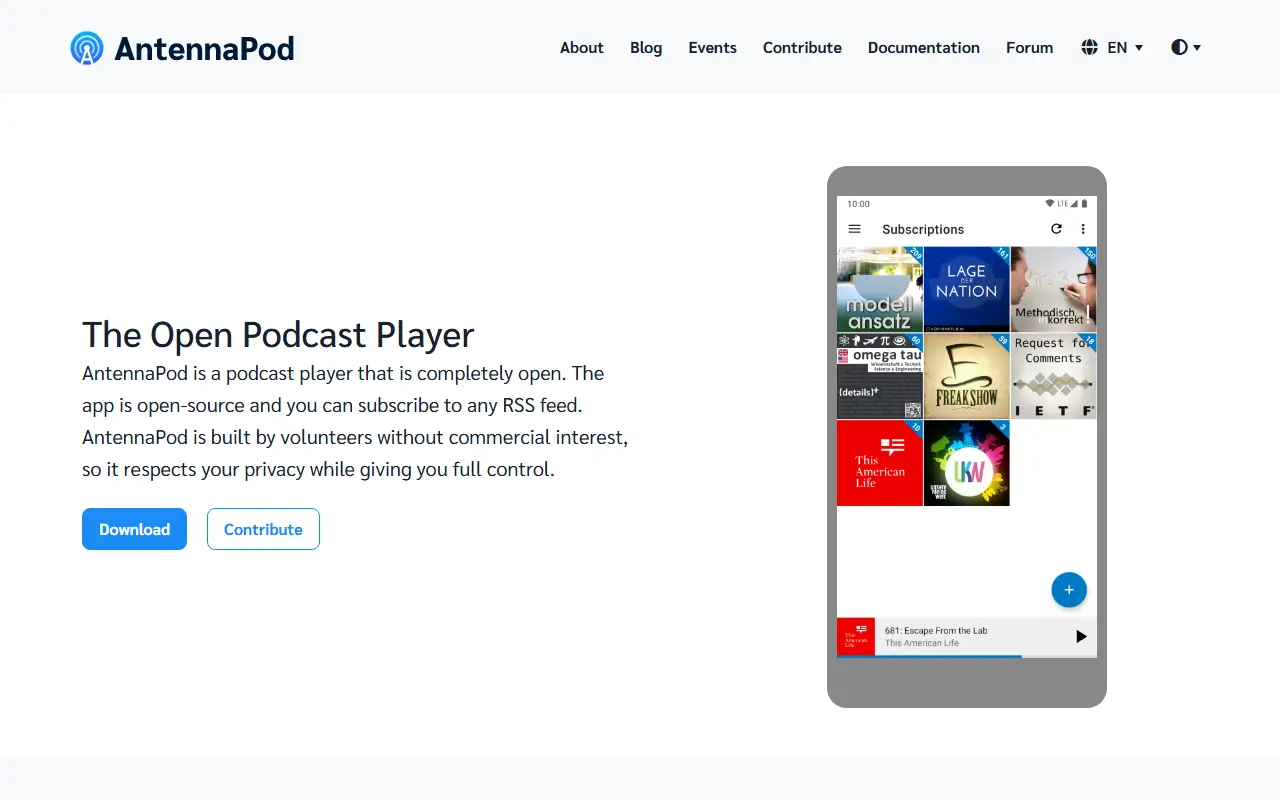 AntennaPod homepage screenshot