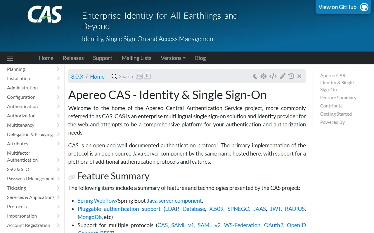 Apereo CAS homepage screenshot