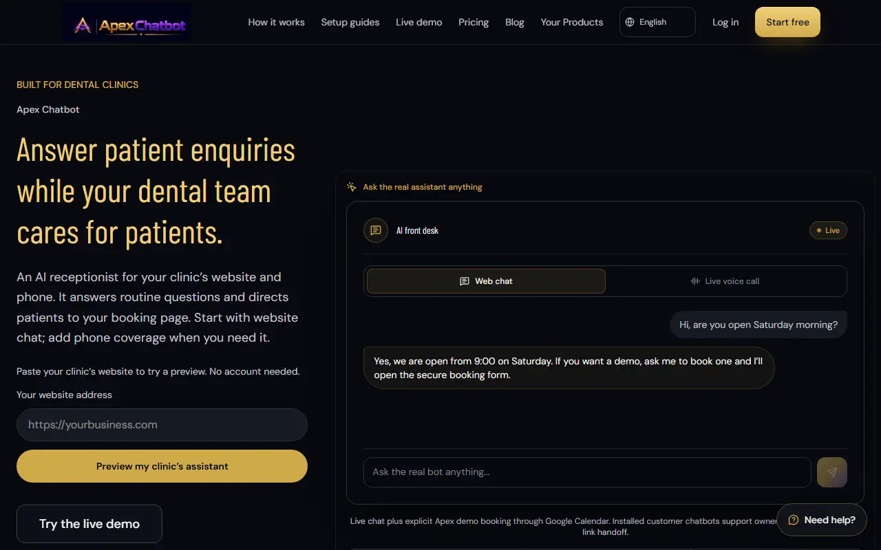 Apex Chatbot homepage screenshot