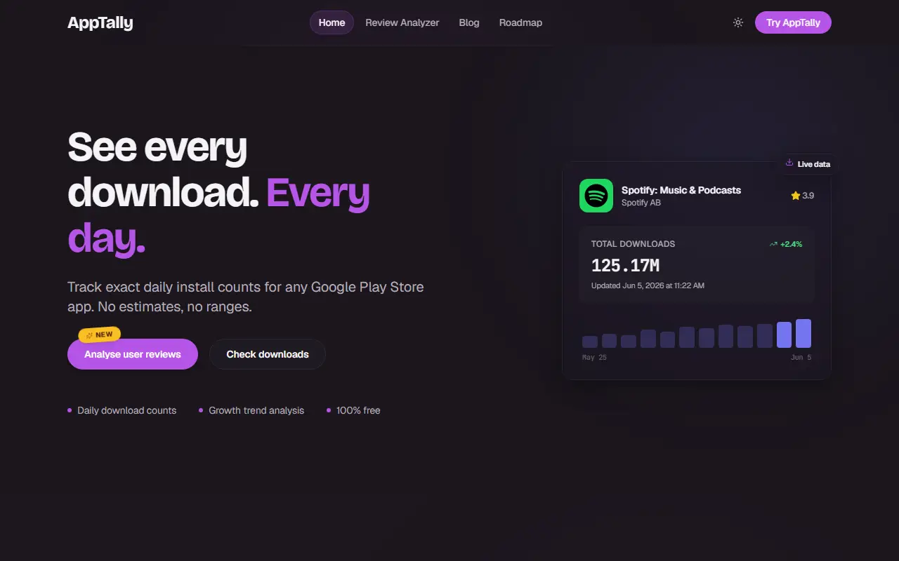 AppTally homepage screenshot