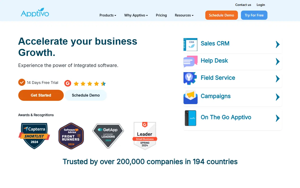 Apptivo homepage screenshot