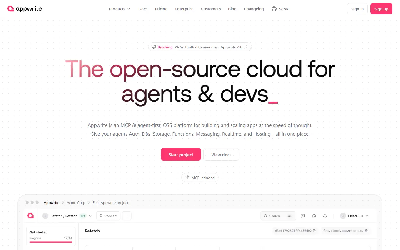 Appwrite homepage screenshot
