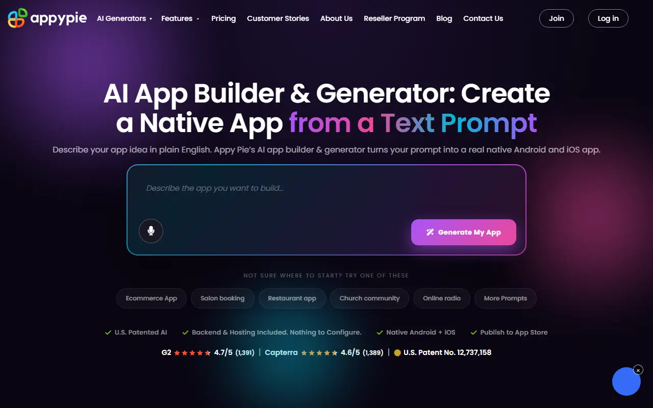 Appy Pie homepage screenshot
