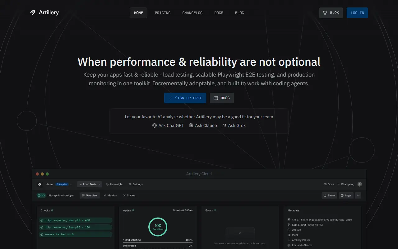 Artillery homepage screenshot