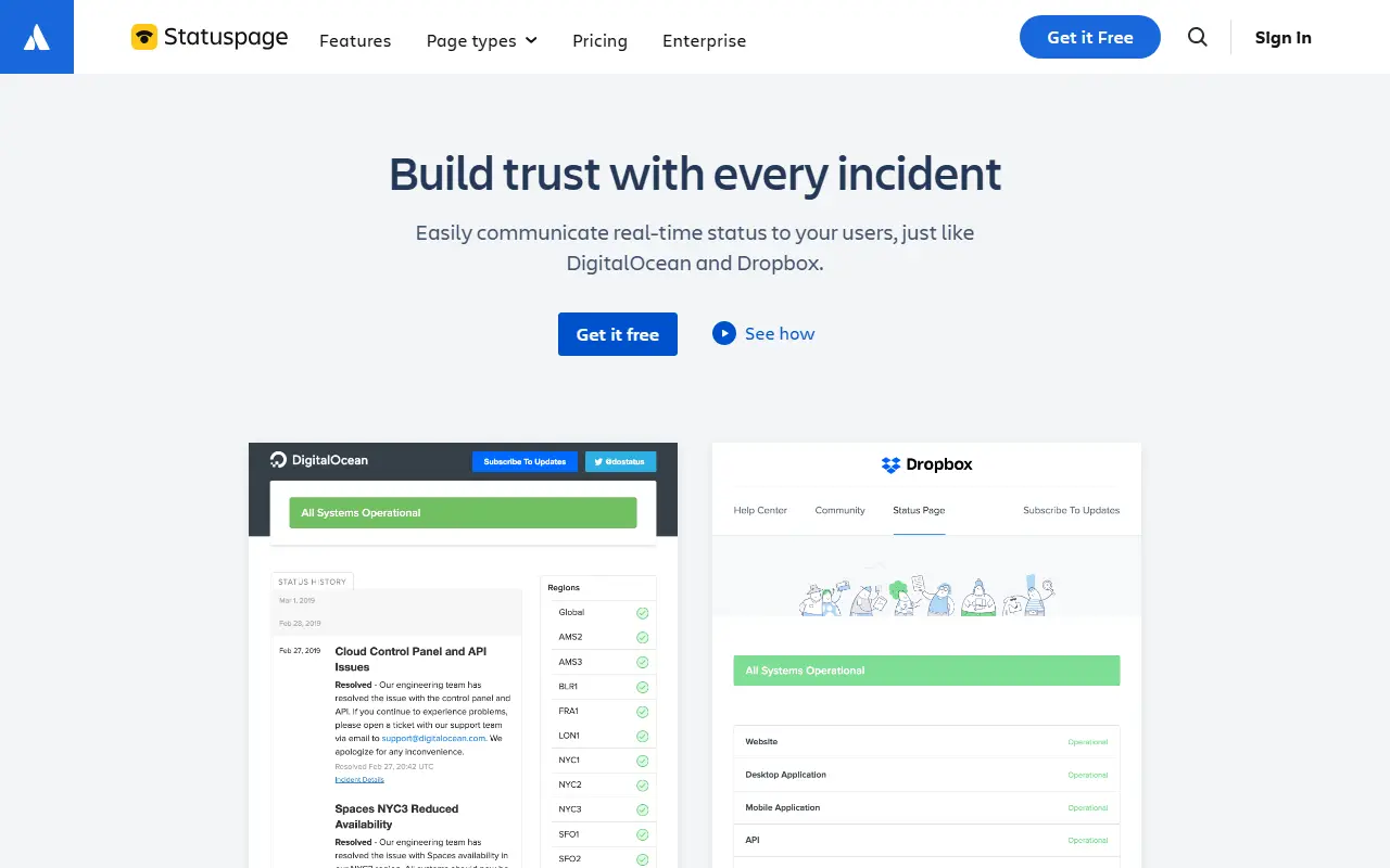 Atlassian Statuspage homepage screenshot