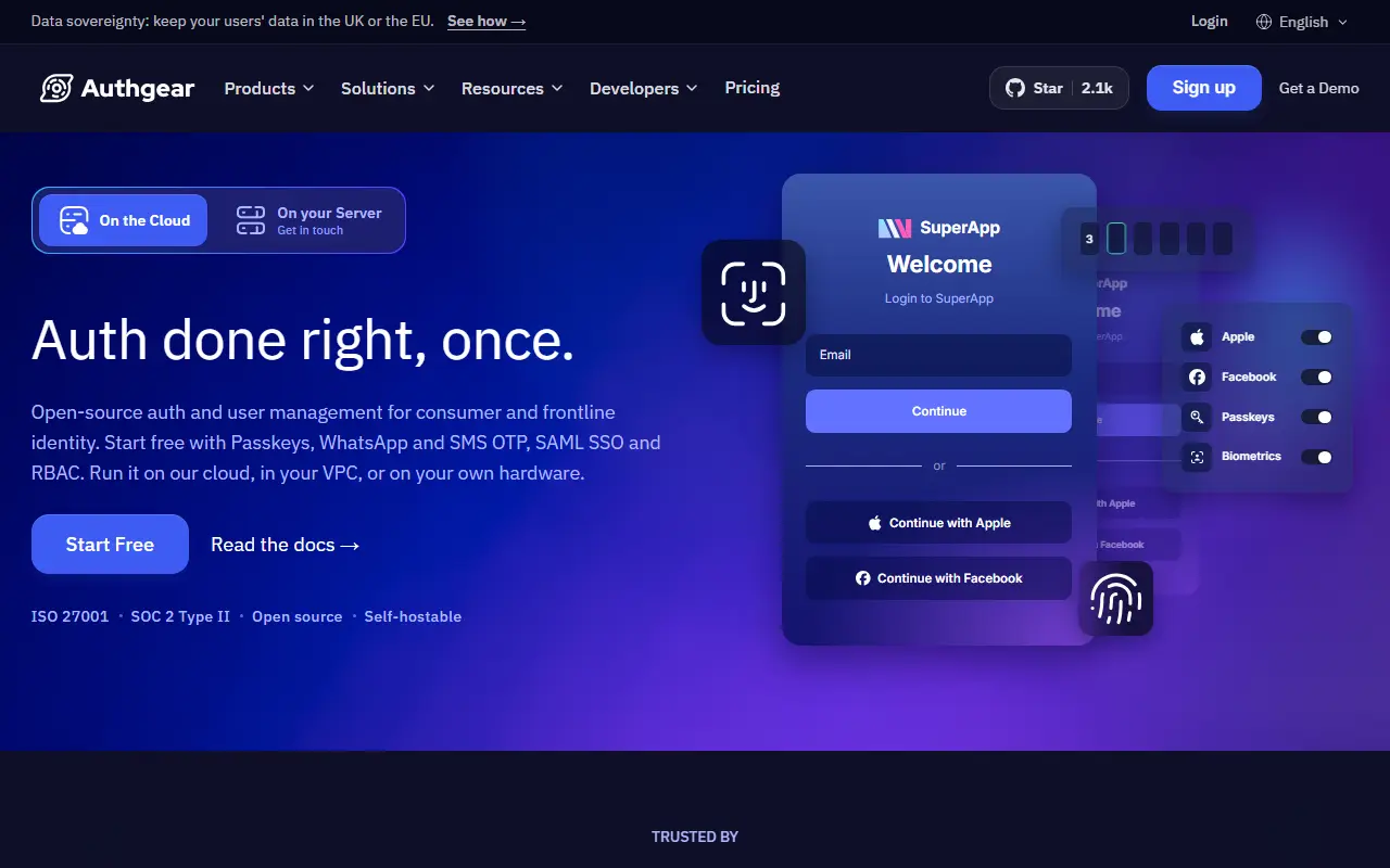 Authgear homepage screenshot
