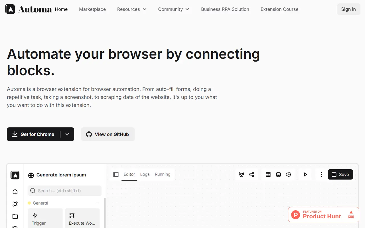Automa homepage screenshot