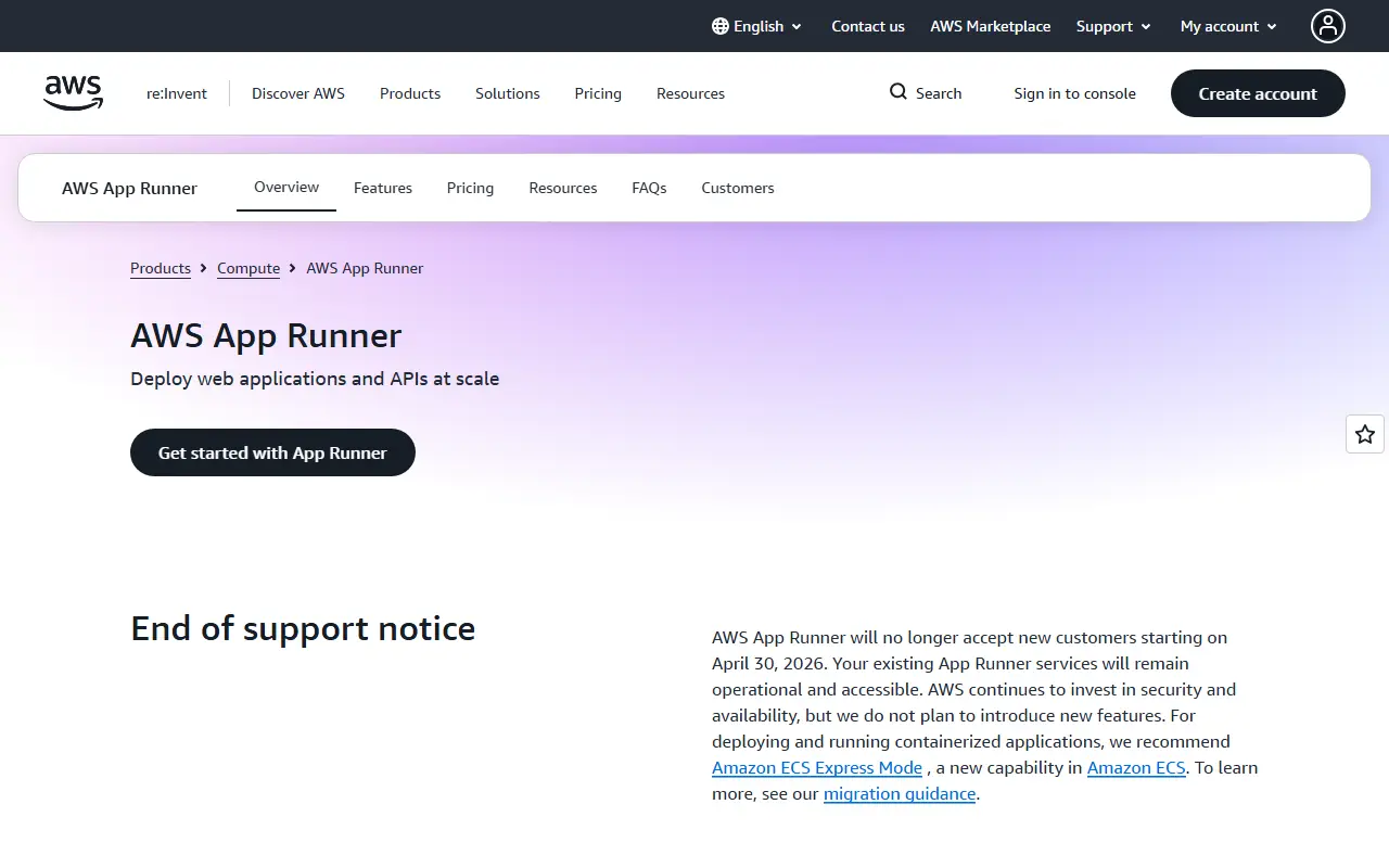 AWS App Runner homepage screenshot