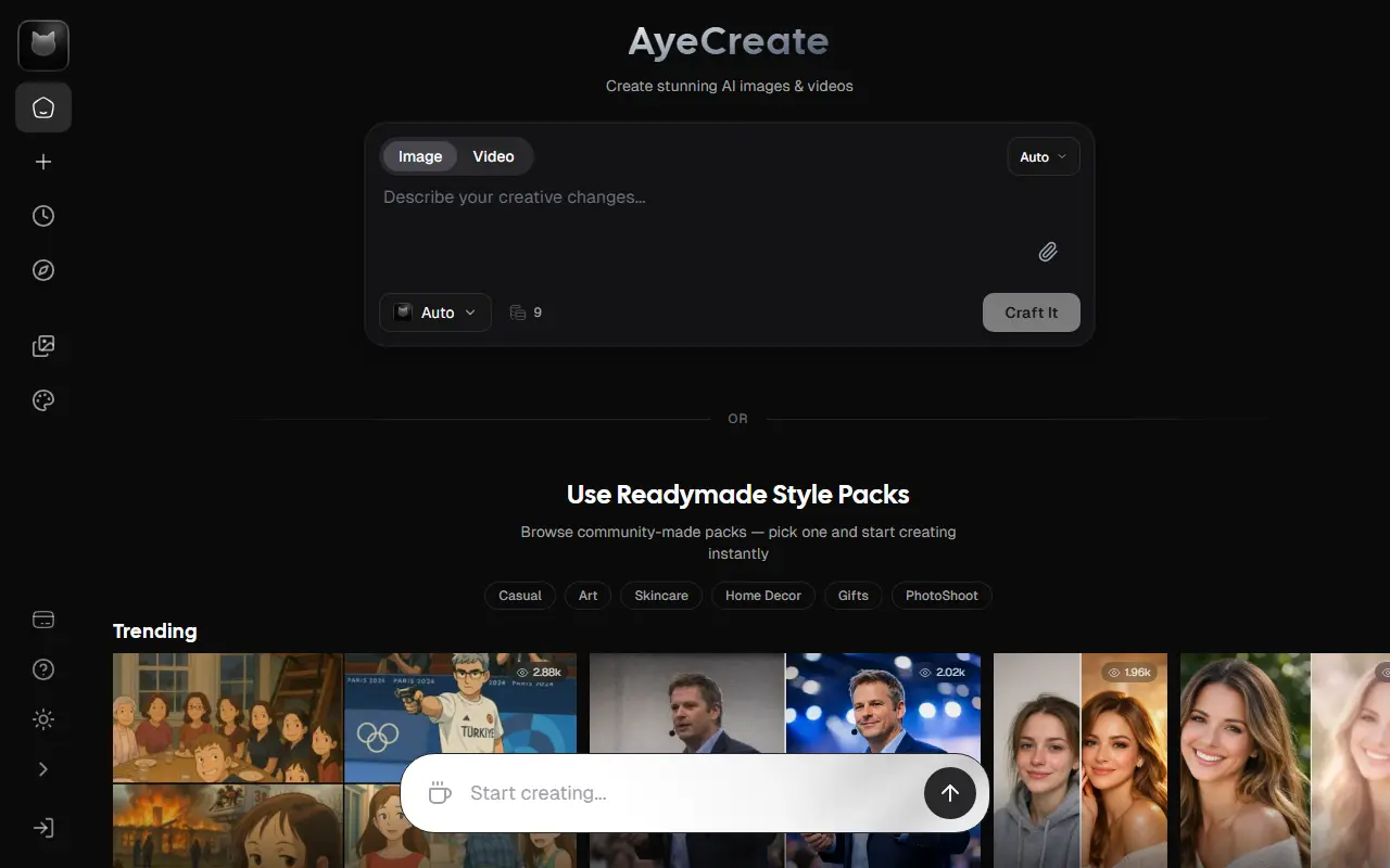 AyeCreate.ai homepage screenshot