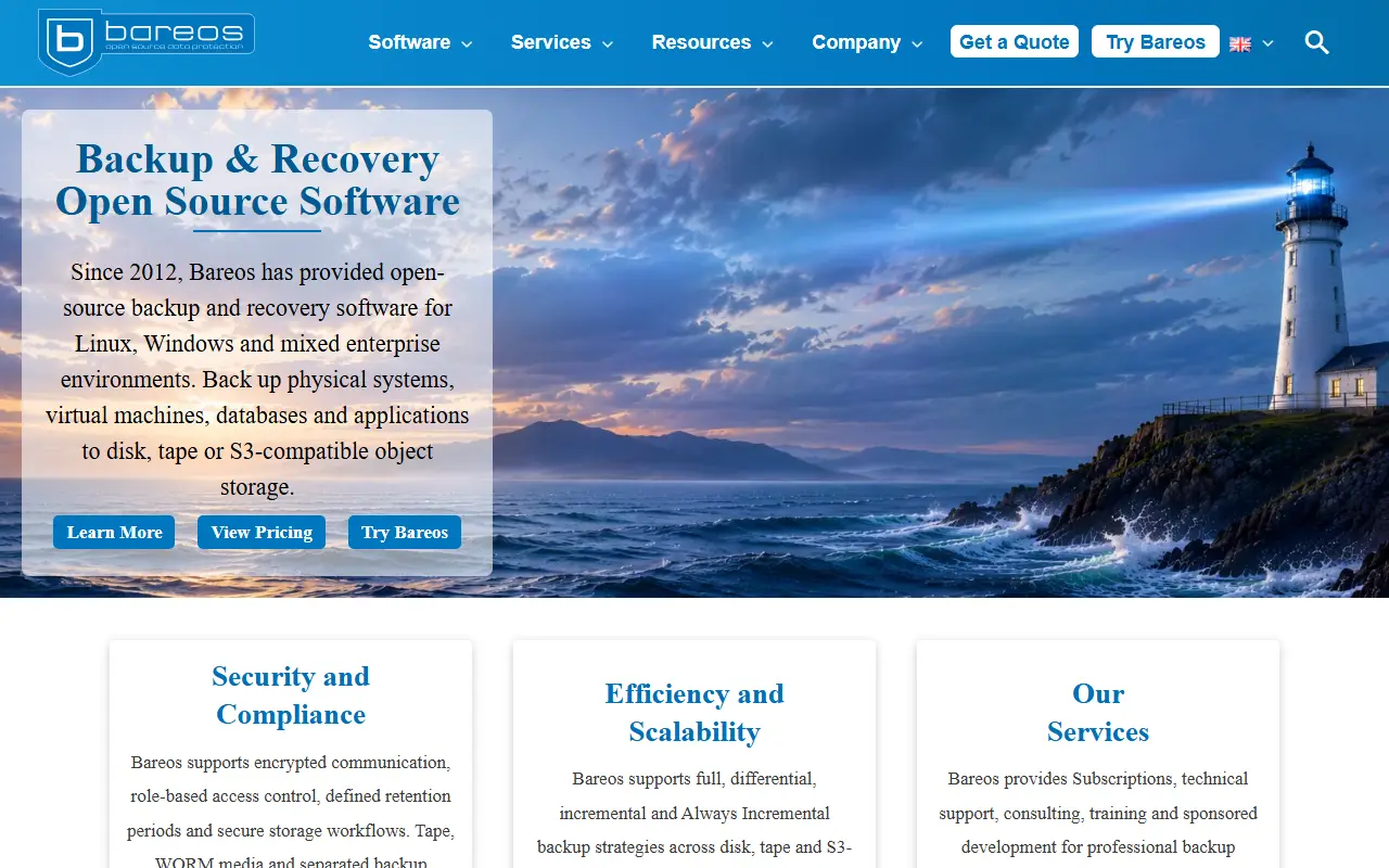 Bareos homepage screenshot