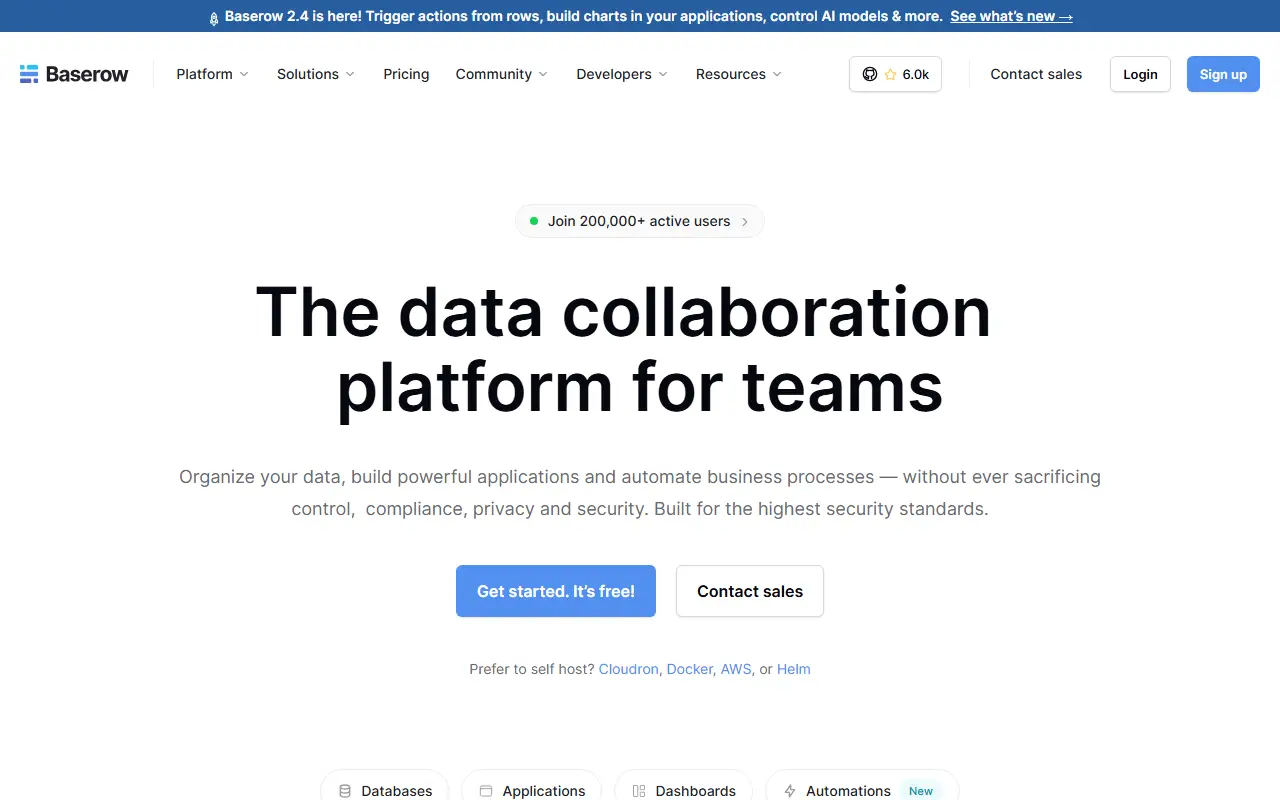Baserow homepage screenshot