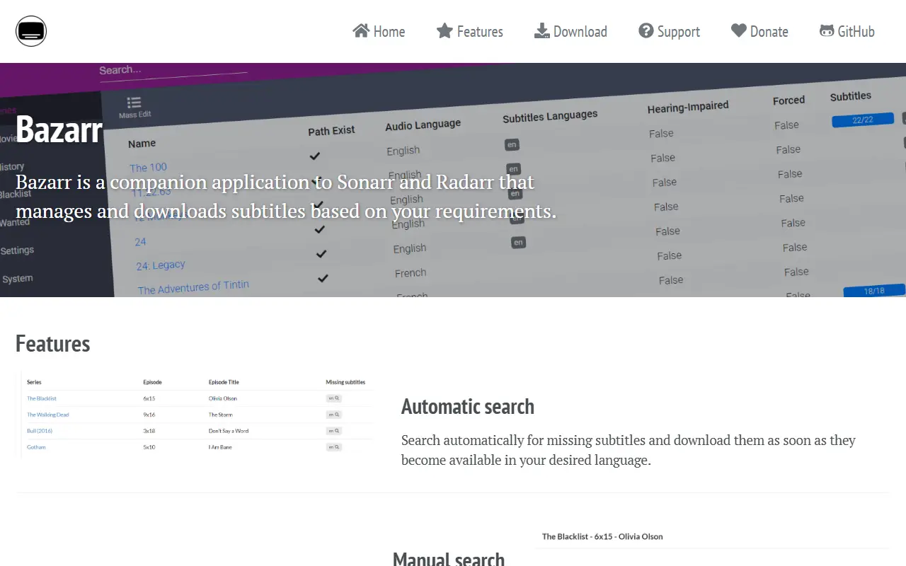 Bazarr homepage screenshot