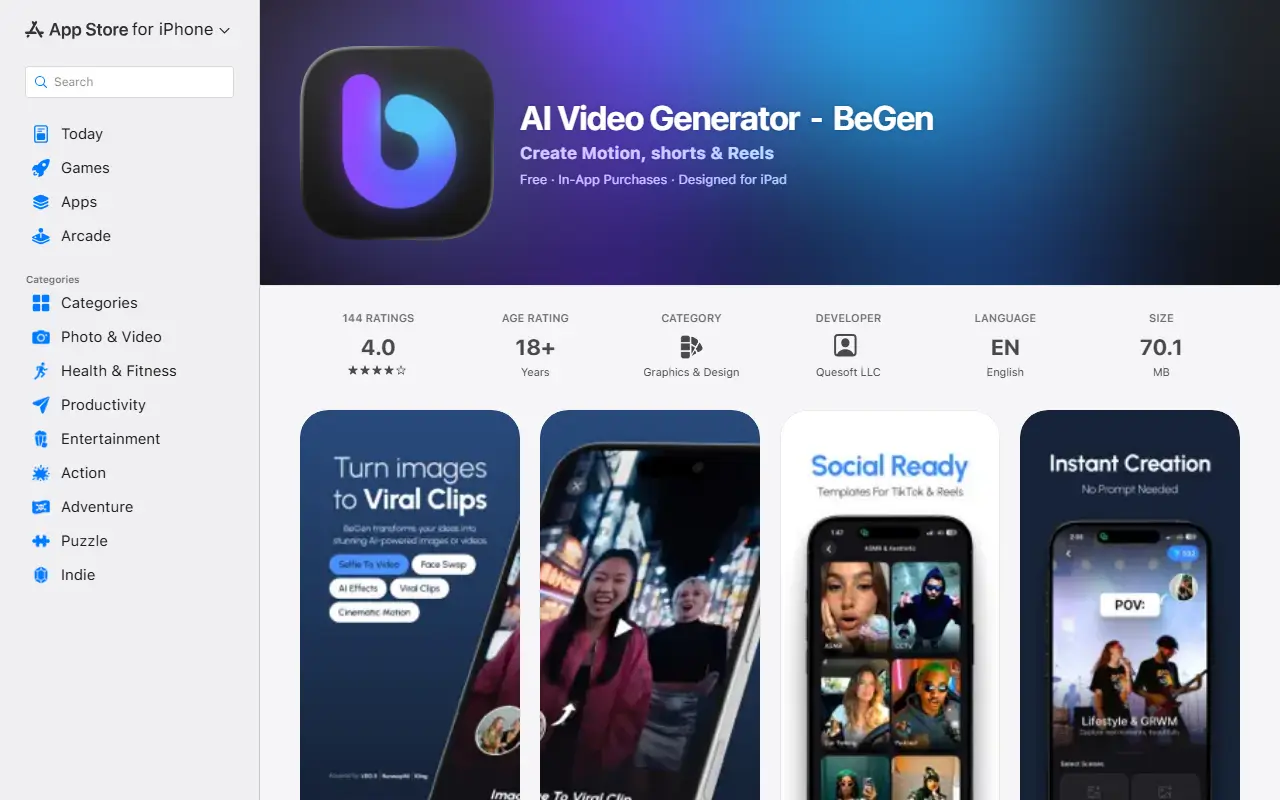 BeGen homepage screenshot