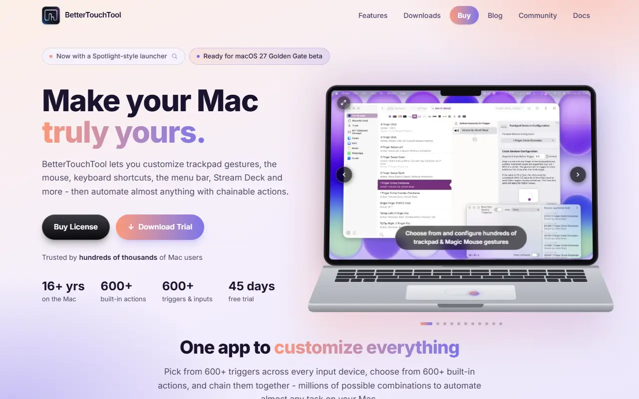 BetterTouchTool homepage screenshot