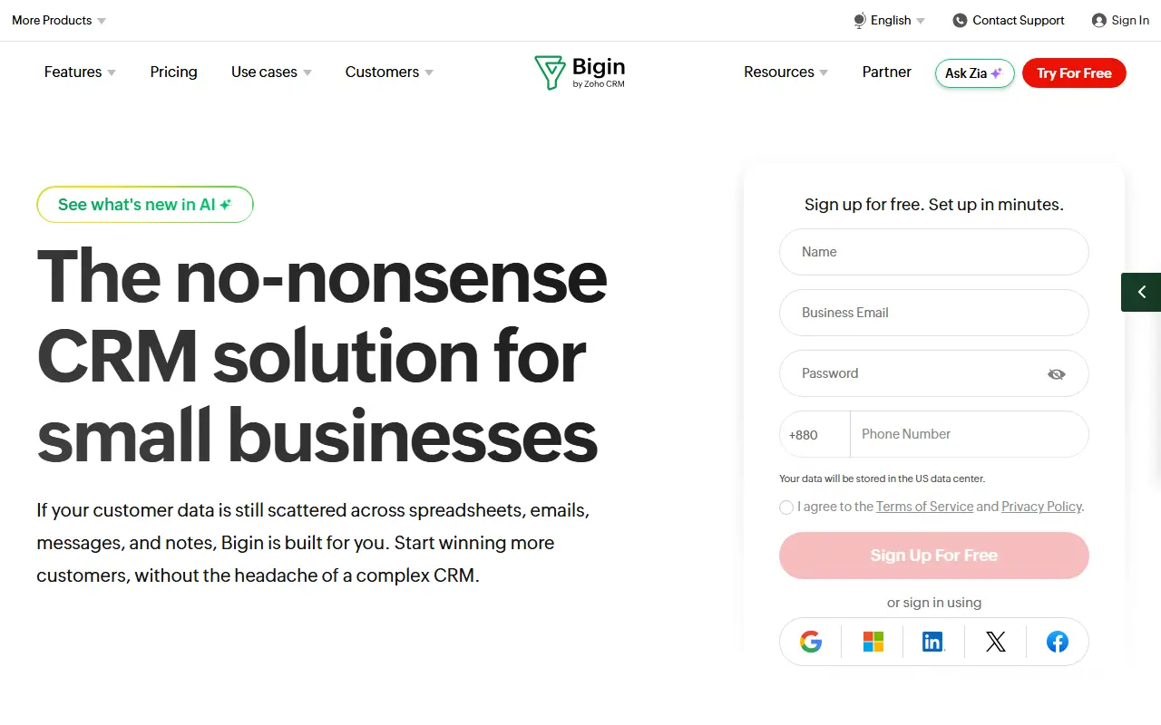 Zoho Bigin homepage screenshot