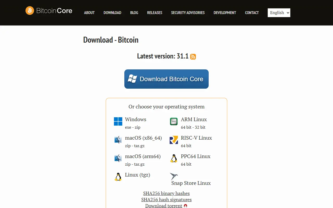 Bitcoin Core homepage screenshot