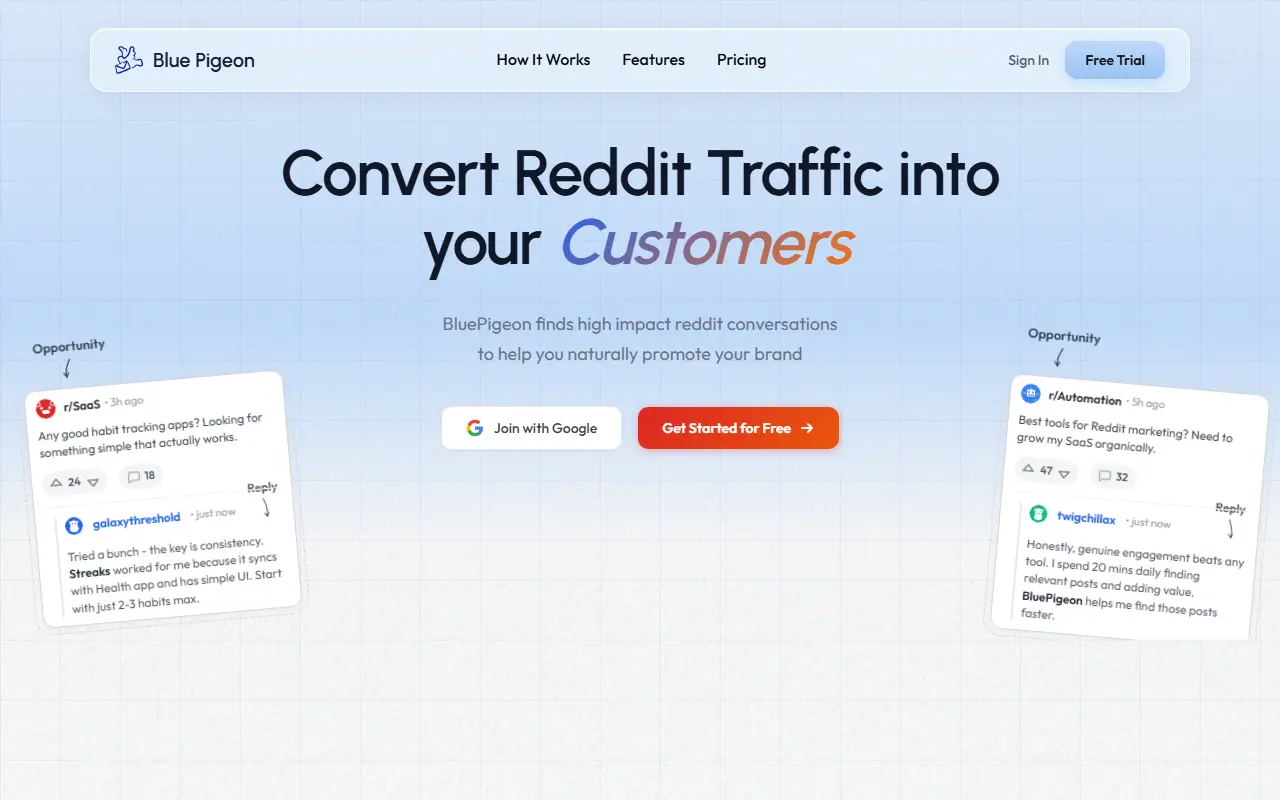 Blue Pigeon homepage screenshot