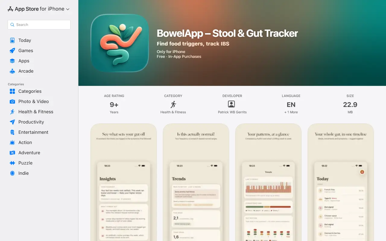BowelApp homepage screenshot