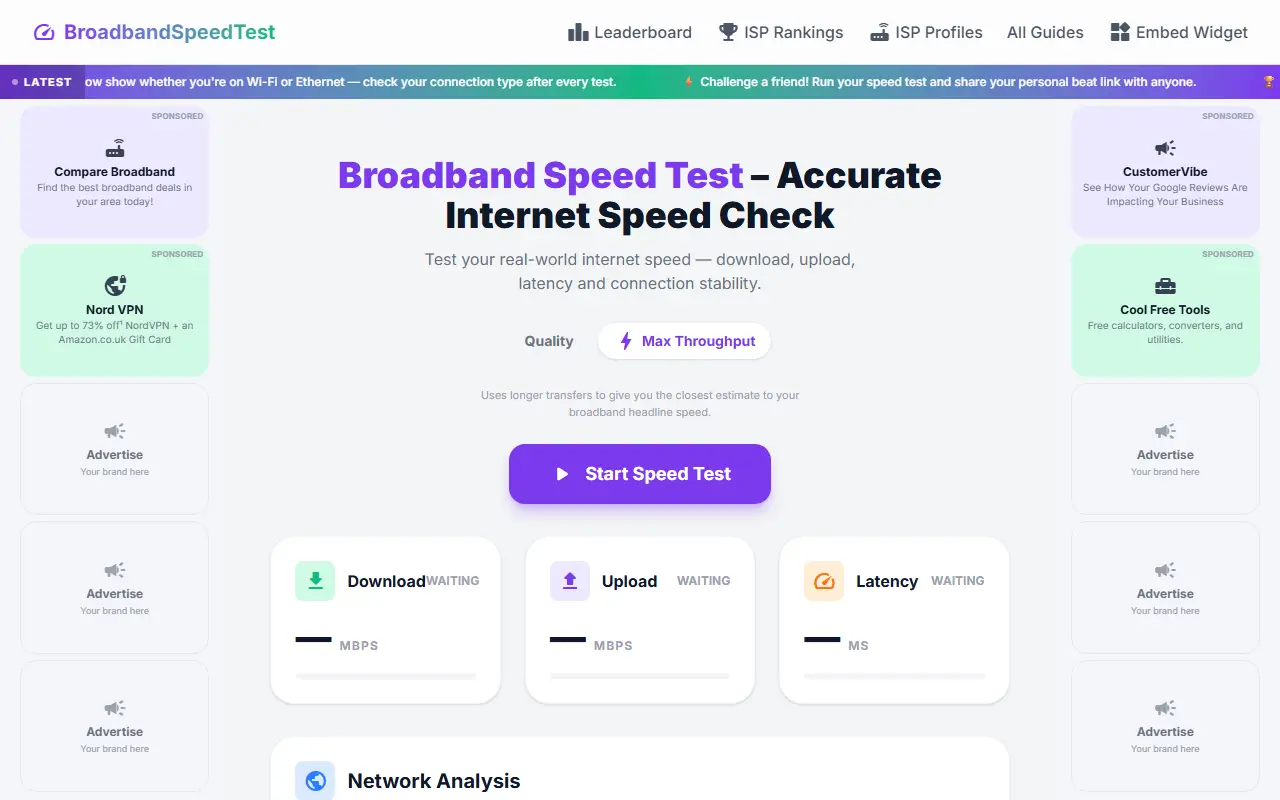 Broadband Speed Test homepage screenshot