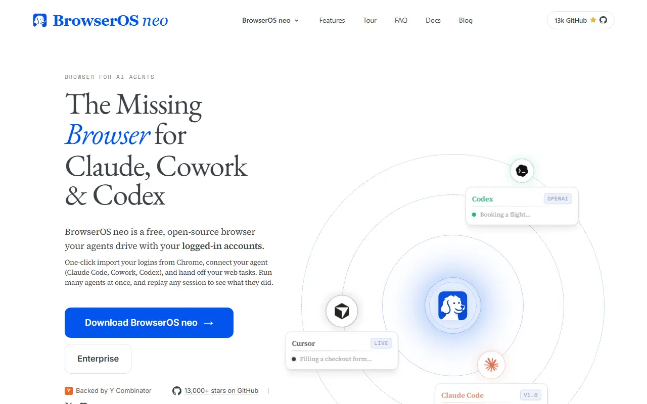 BrowserOS homepage screenshot