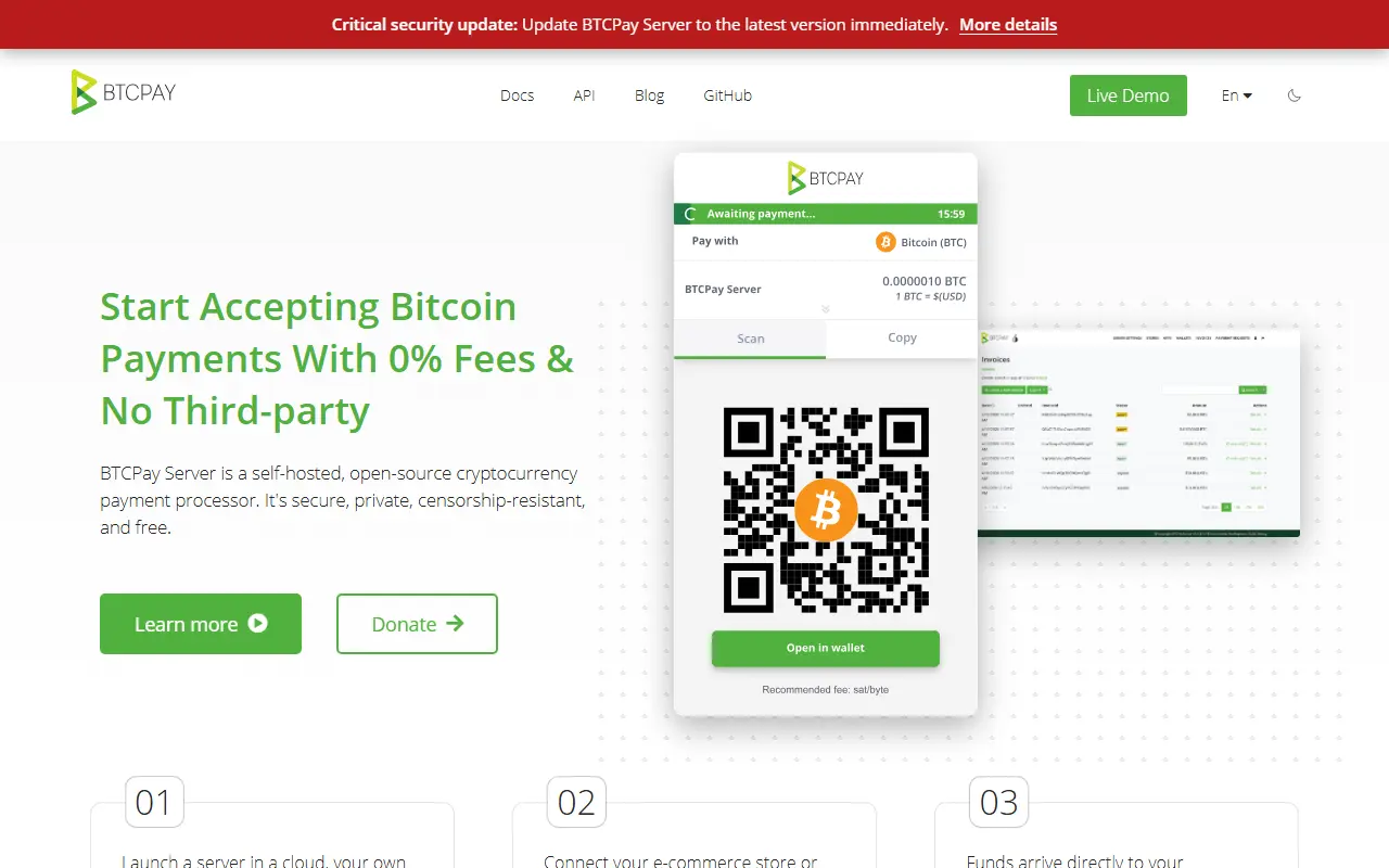 BTCPay Server homepage screenshot