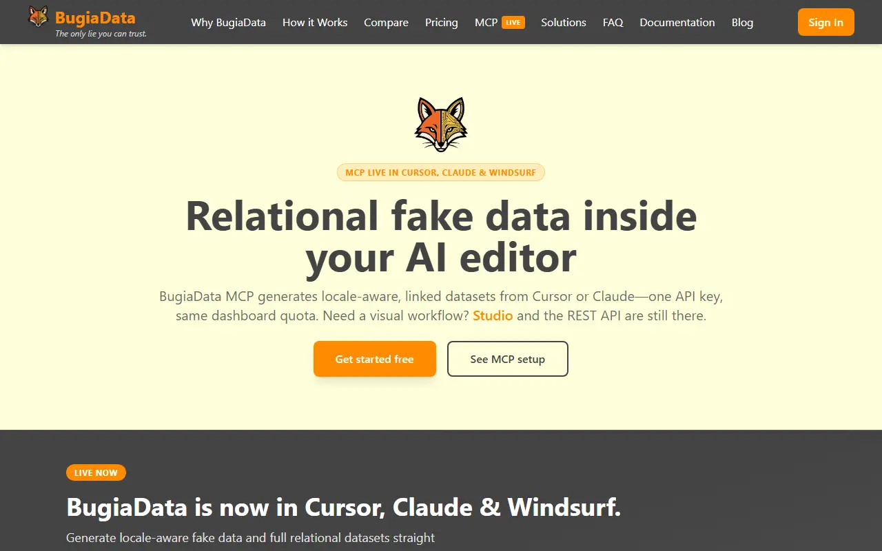 BugiaData homepage screenshot