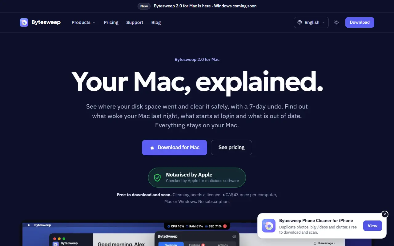Bytesweep homepage screenshot