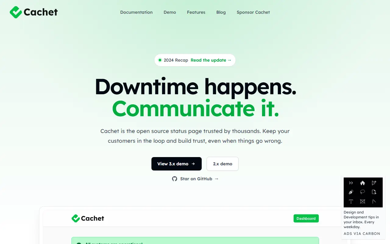 Cachet homepage screenshot