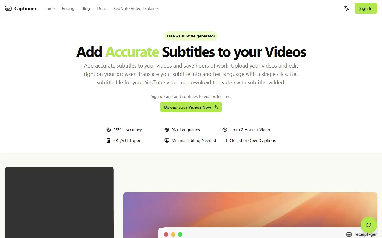 Captioner homepage screenshot