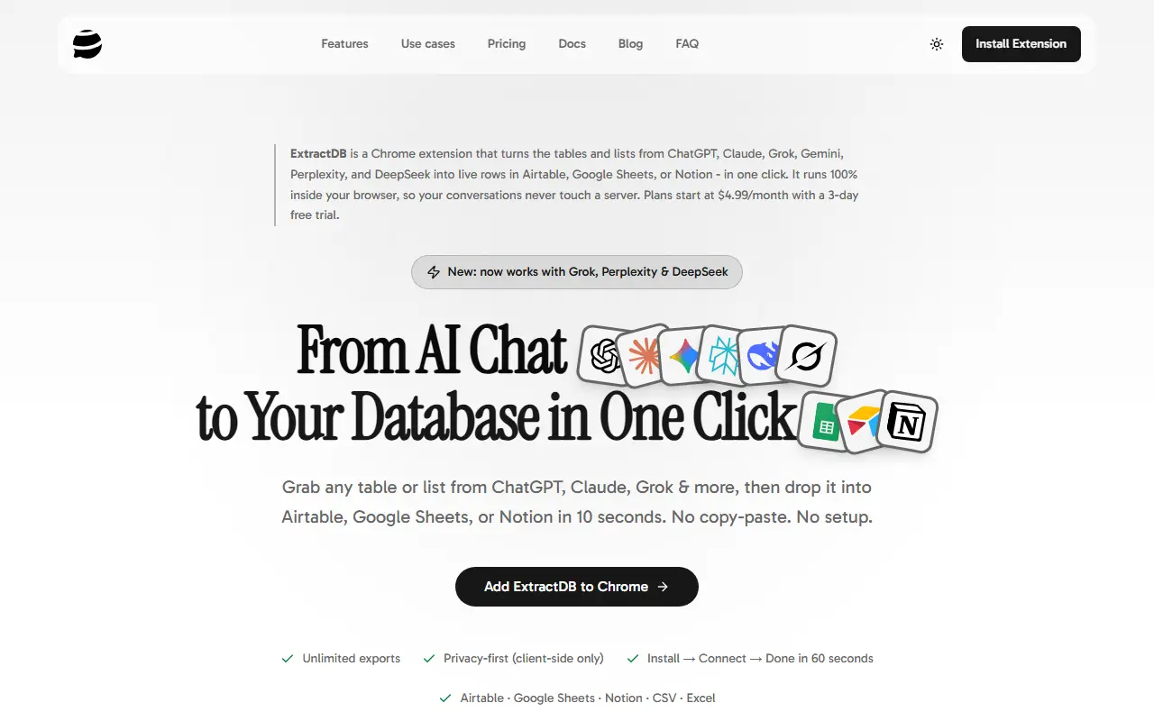 ExtractDB homepage screenshot