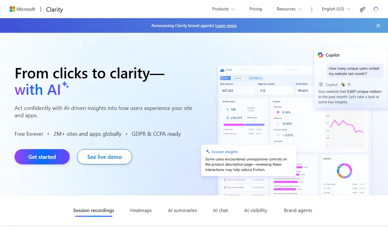 Microsoft Clarity homepage screenshot