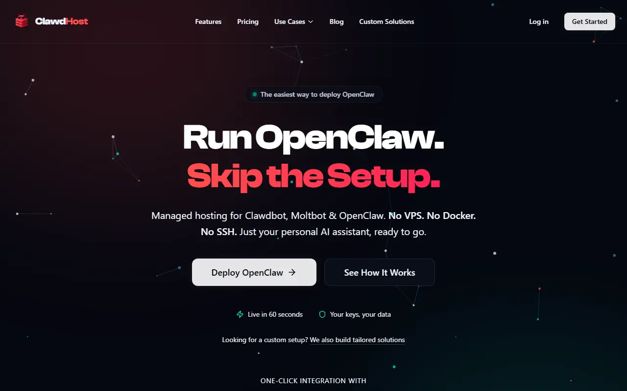 ClawdHost homepage screenshot