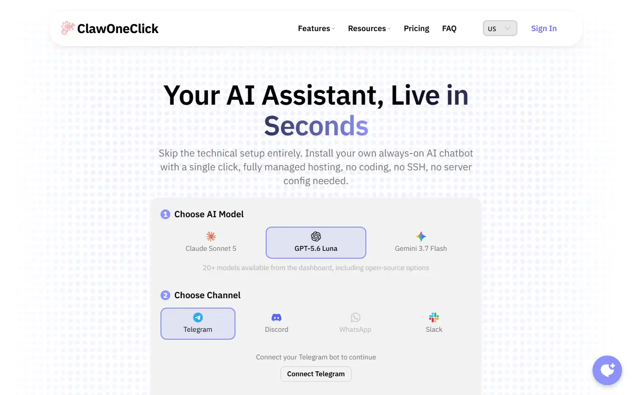 ClawOneClick homepage screenshot
