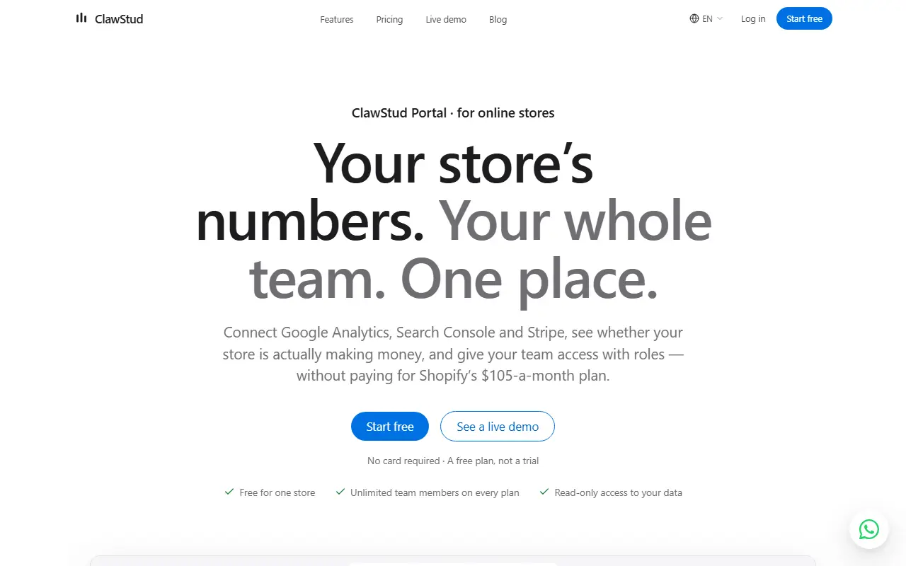 ClawStudio homepage screenshot