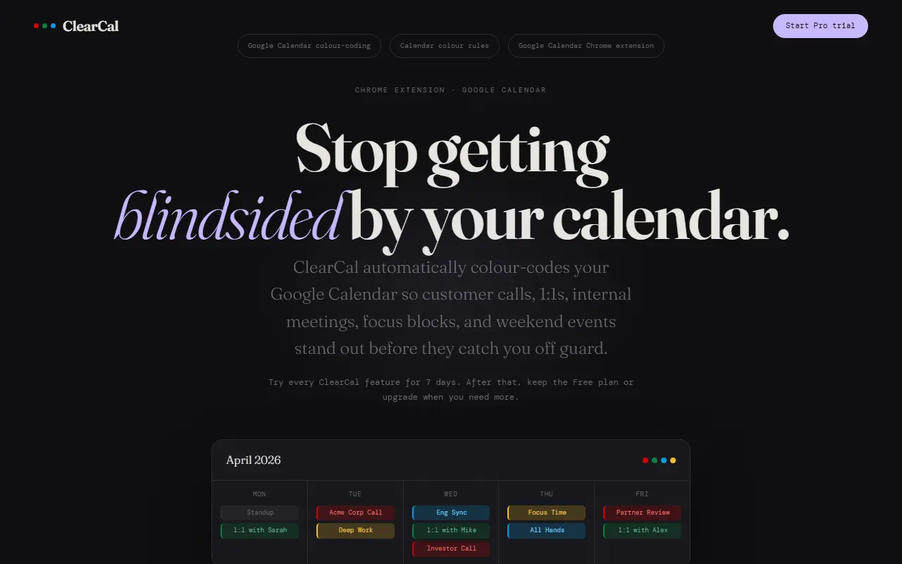 ClearCal homepage screenshot