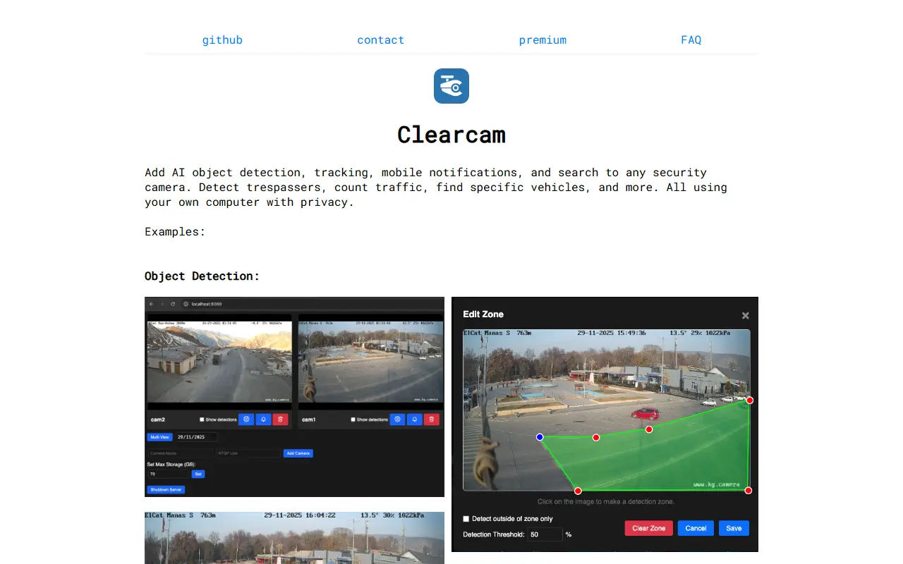 Clearcam homepage screenshot
