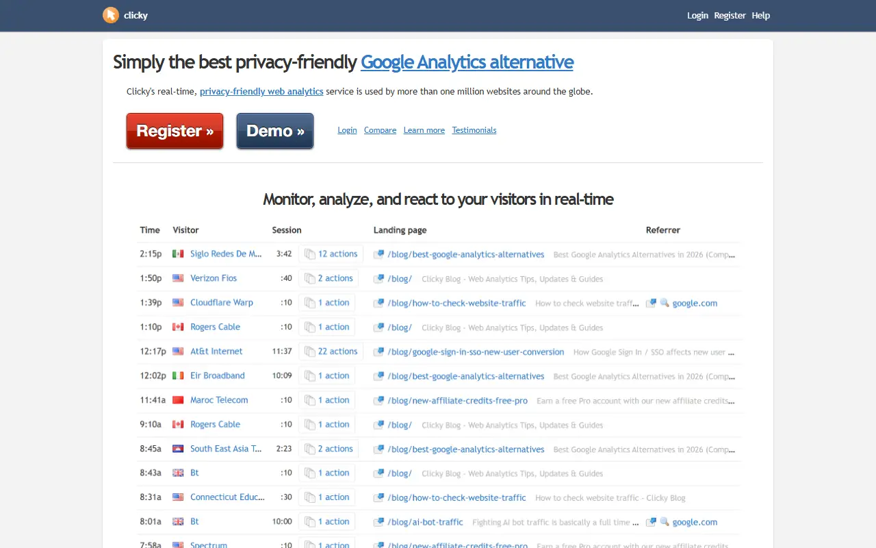 Clicky homepage screenshot