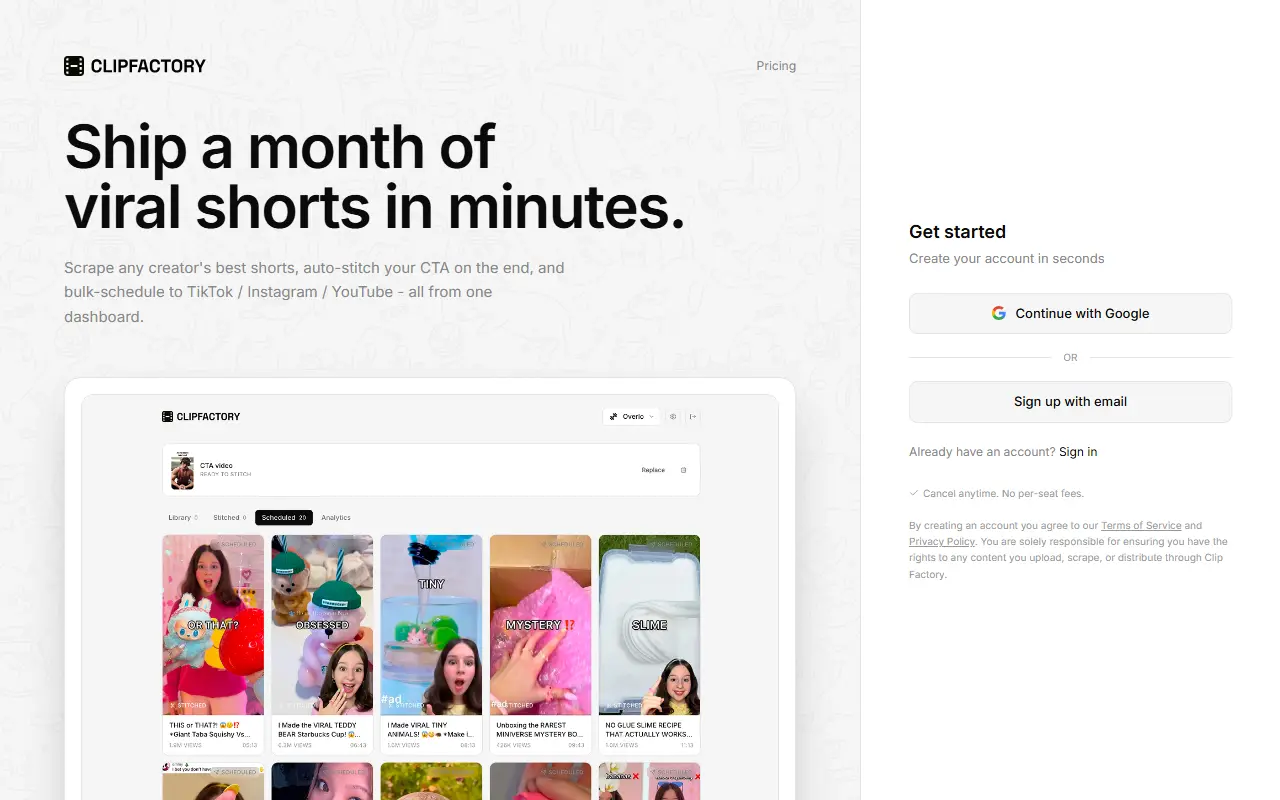 Clip Factory homepage screenshot
