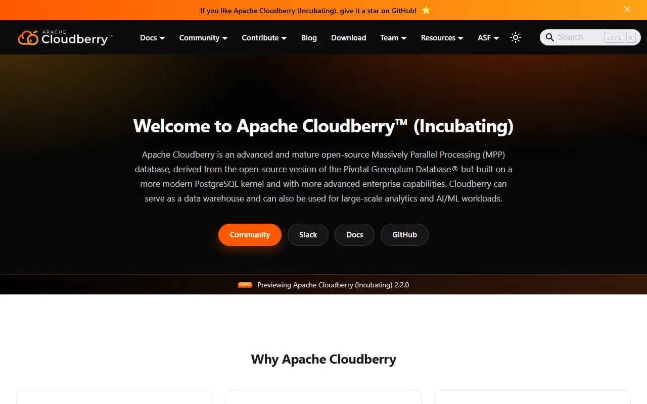 Apache Cloudberry homepage screenshot