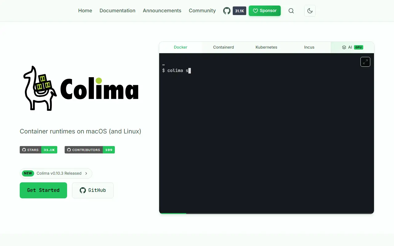 Colima homepage screenshot